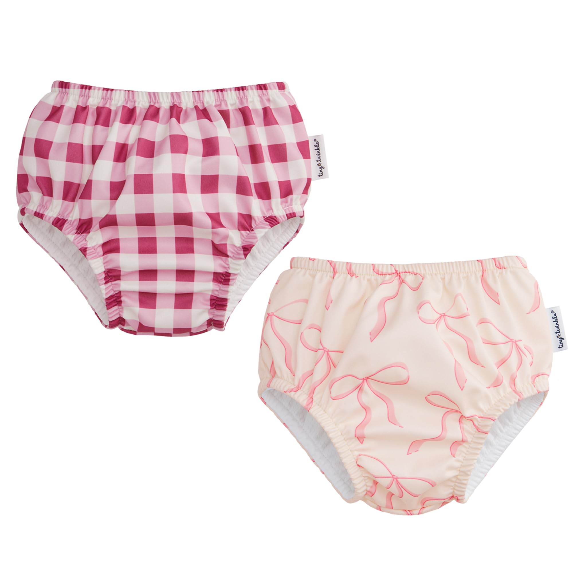 Tiny Twinkle Pull-Up Reusable Swim Diapers 2-Pack | Waterproof and UPF 50+ Sun Protection | Lightweight and Absorbent | Machine Washable(Raspberry Gingham,Bubblegum Bows,12-18M) - 2