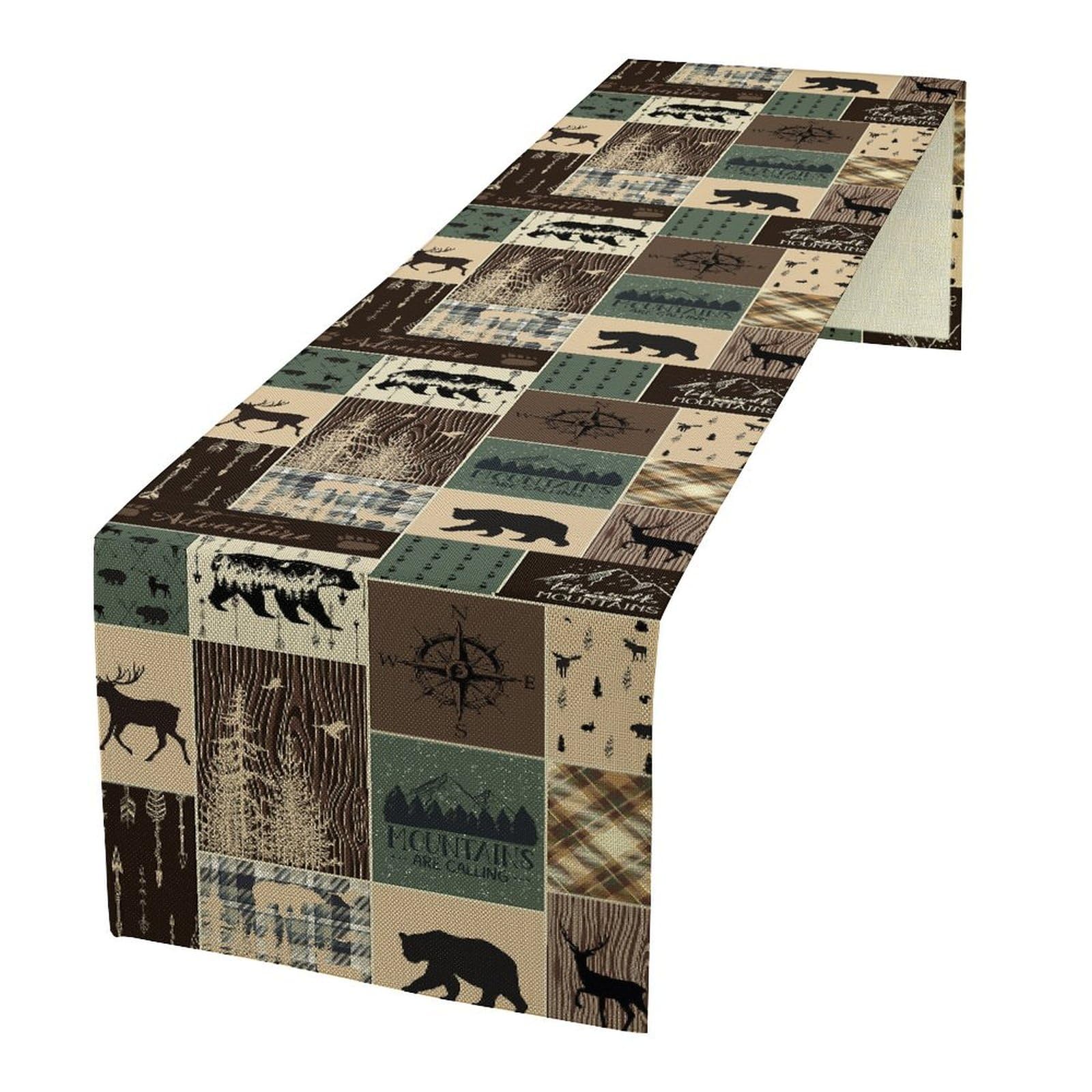 Country Rustic Farmhouse Deer Table Runner Tabletop Cover Vintage Cabin Bear Mountain Hunting Wild Animal Plaid Checkered Printed for Kitchen Dining Room 13x36 Inch