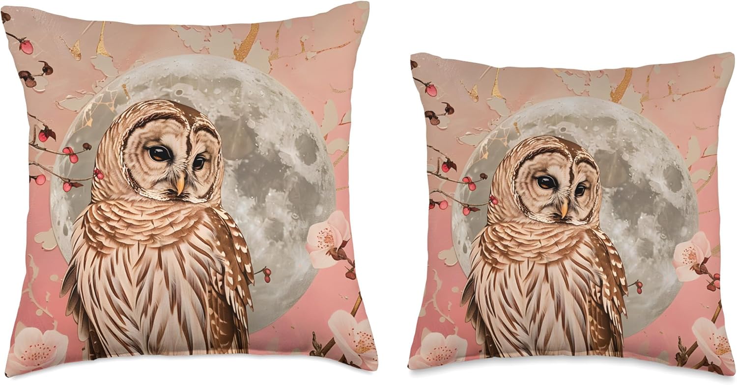 Aesthetic Women Animal Lover Pink Floral Barred Owl Throw Pillow
