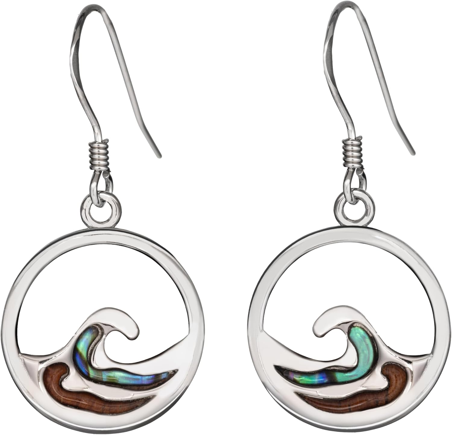 925 Sterling Silver Koa Wood and Abalone Shell Hawaiian Mauka to Makai Ocean Wave Dangle Hook Earrings, Nickel Free Hypoallergenic for Sensitive Skin, Gift Box Included