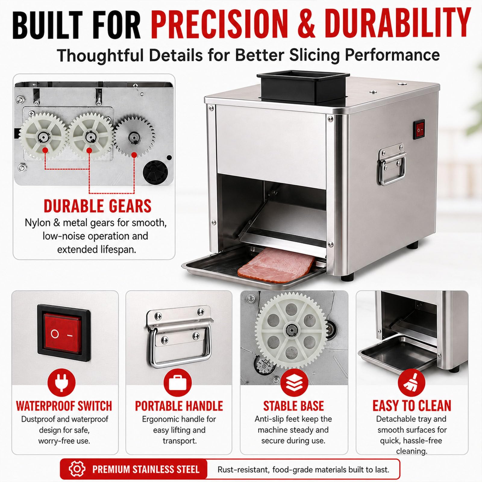 Coupe-Viande éLectrique en Acier Inoxydable De 150 Kg/H, Machine à DéCouper La Viande Commerciale, éPaisseur RéGlable, Fonctions De Tranchage, De RâPage Et De DéCoupe en DéS 3.5mm