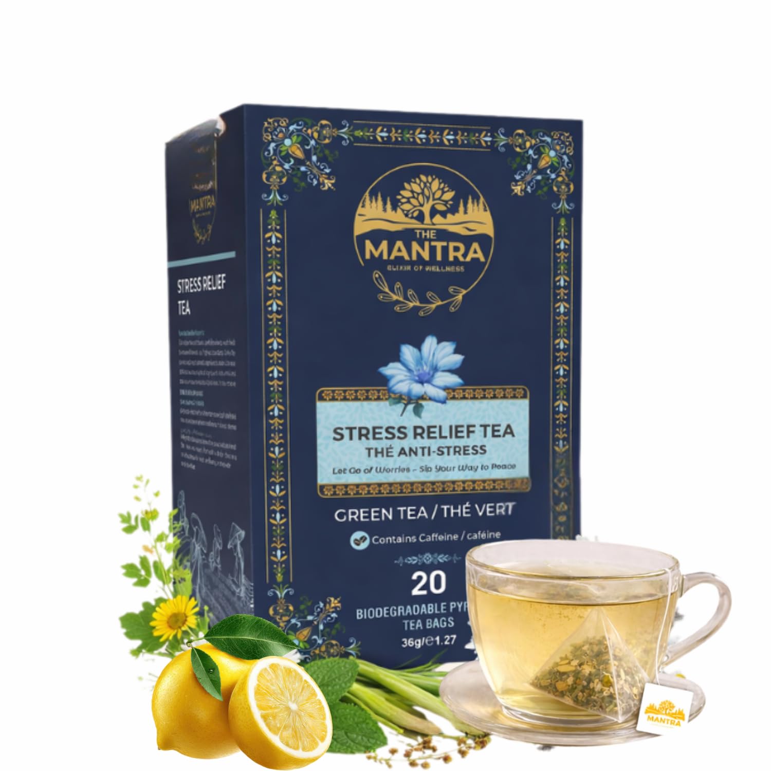Mantra Stress Relief Herbal Tea | Calming Herbal Tea for Stress, Relaxation & Better Sleep (20 Pyramid Tea Bags) with Chamomile, Butterfly Pea, Lavender, Ashwagandha, Brahmi & Mint | Low Caffeine