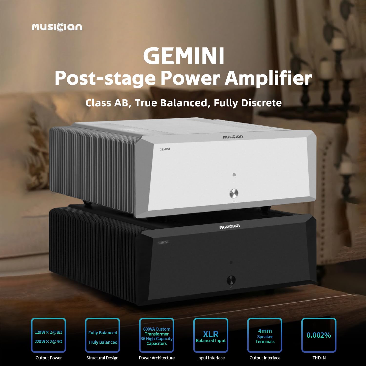 MUSICIAN GEMINI Amplificatore Di Potenza Stereo Classe AB, Amp True Balanced Completamente Discreto, Uscita 220W ×2, Ingresso Bilanciato XLR, Amps Audio A Bassa Distorsione Per Sistema Hi-Fi, Nero