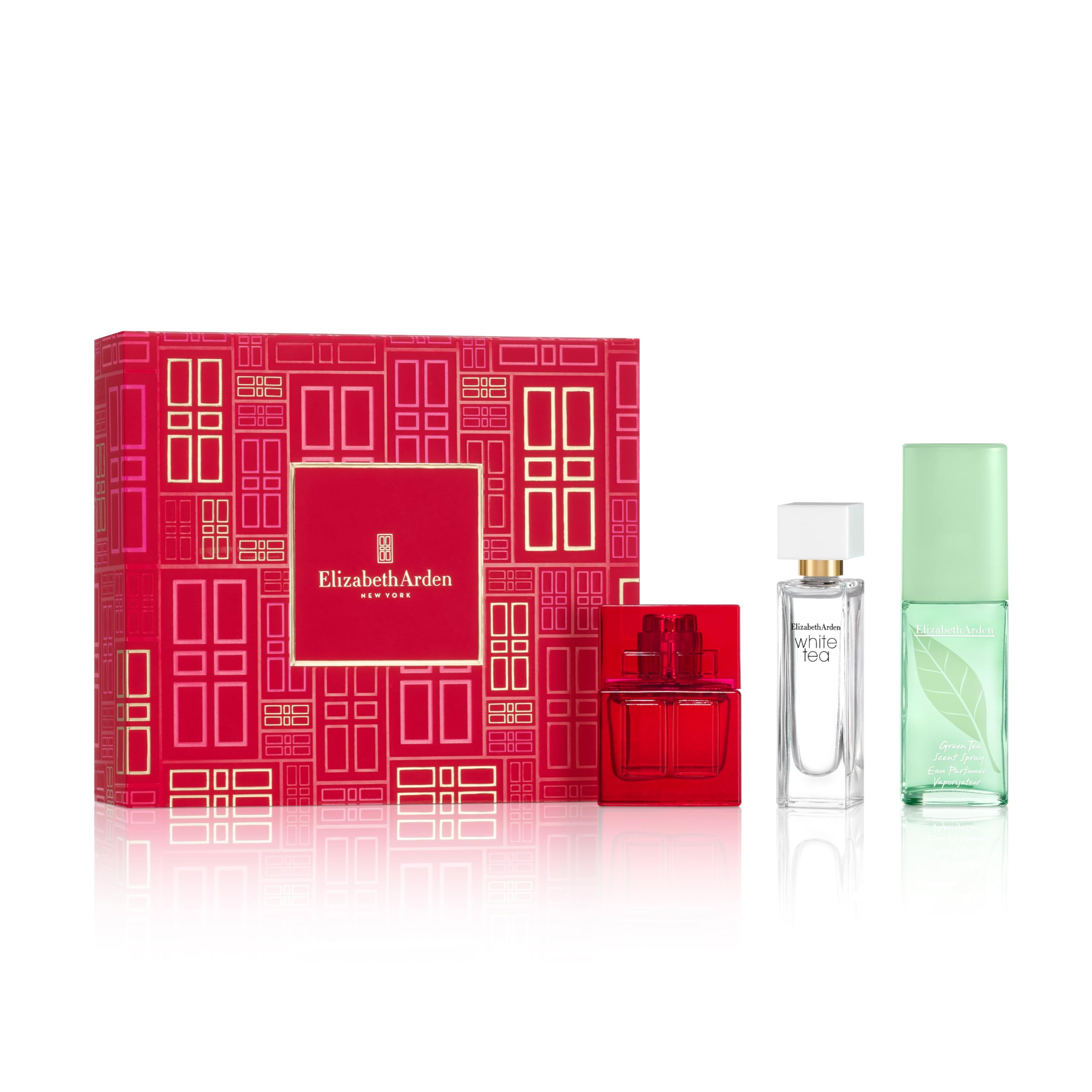 Elizabeth Arden Prestige Fragrance Coffret - Juego de regalo de 3 piezas, puerta roja, té verde, té blanco, fragancia de lujo para mujer