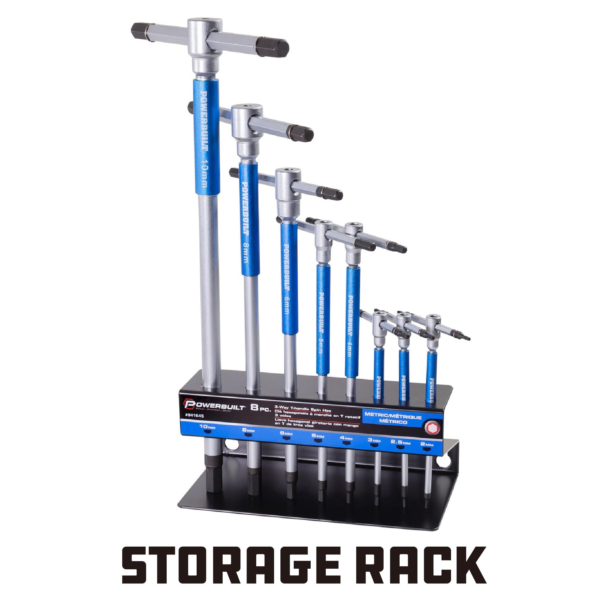 Powerbuilt 8 Pc Metric T-Handle Hex Allen Key Wrench Set with Storage Rack, 941645