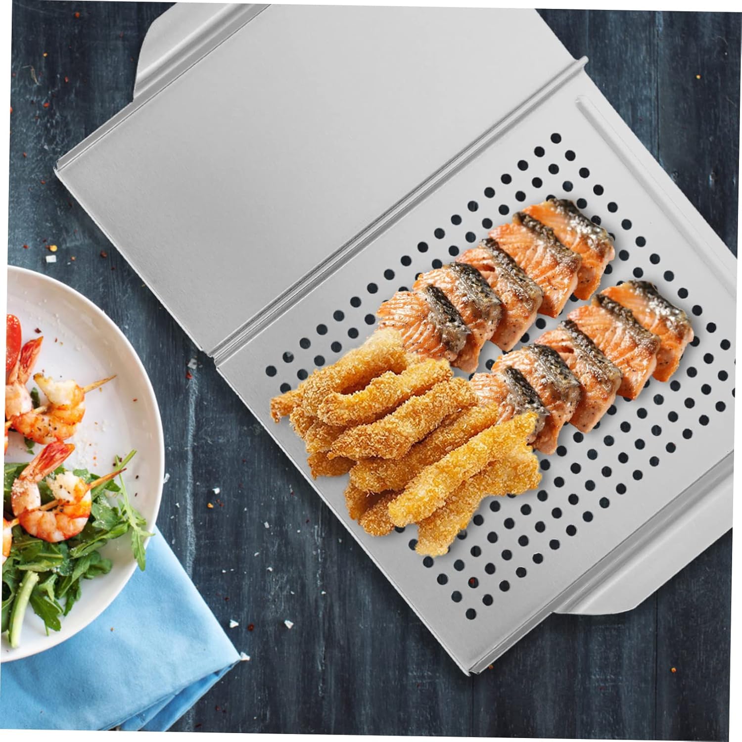 Stainless Steel Grill Pan with Handle Non-stick Barbecue Plate for Outdoor Cooking for Bbq Parties and Grilling Vegetables Fish and Meat