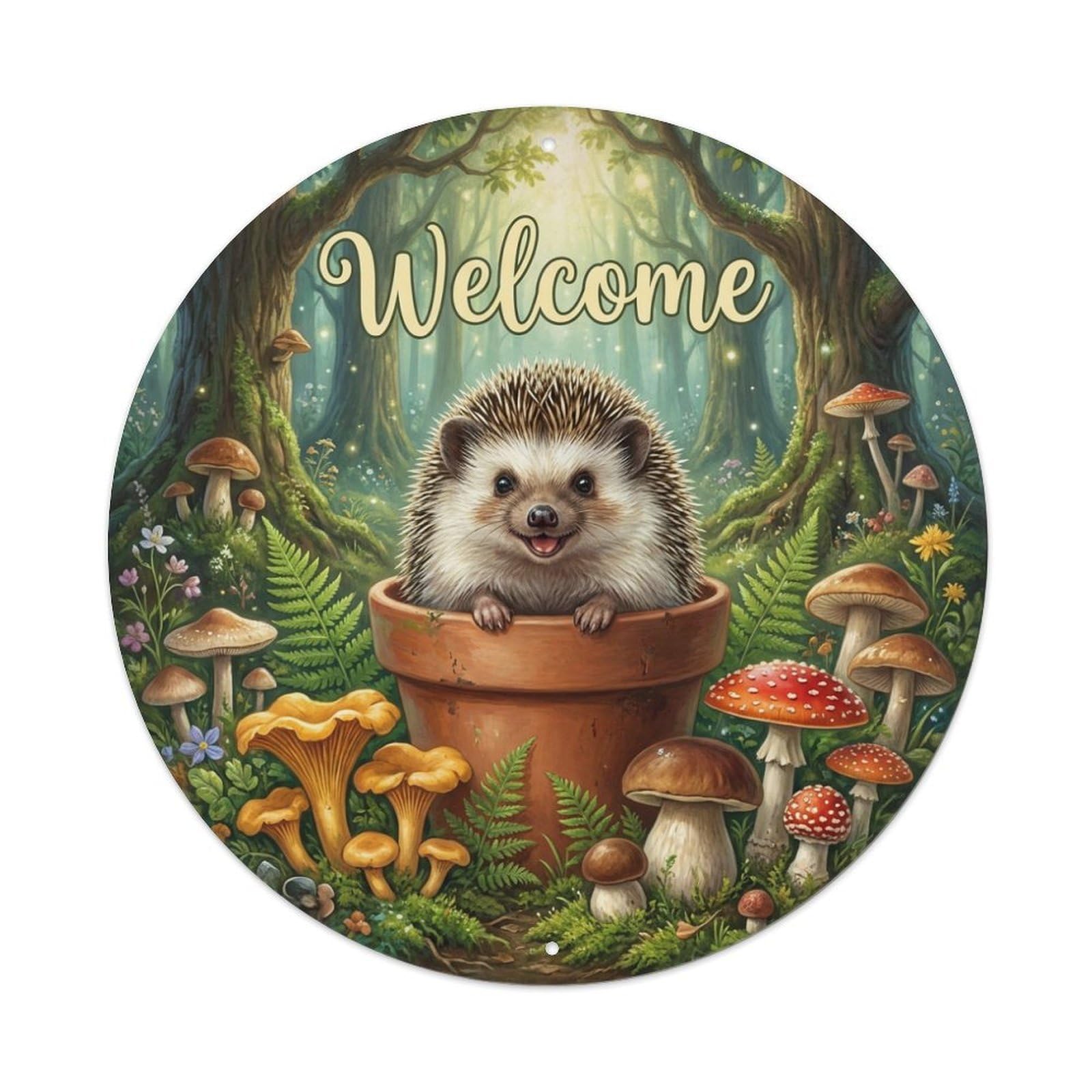 Welcome Hedgehog Mushroom Forest Metal Tin Sign