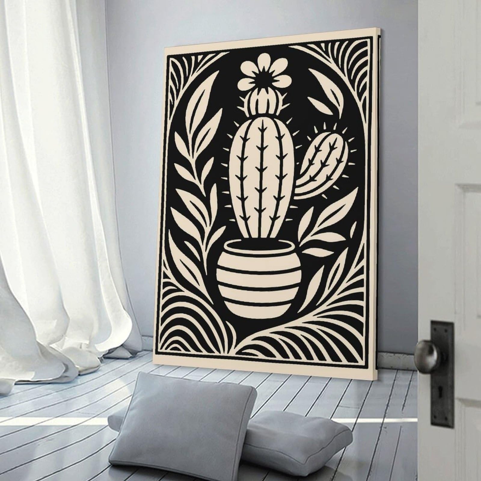 Junmoney Decorative Wall Artwork Cactus in Pot Black And Beige, 24x36inch(60x90cm), for Living Room, Lounge Or Sitting Room, Modern Wall Decor for Cosy Interiors