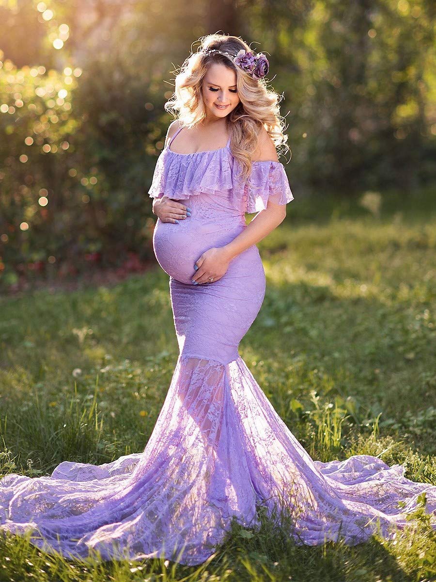 MYRISAM Kobiety macierzyńska koronkowa sukienka z odsłoniętymi ramionami falbanka wąska dopasowana sesja zdjęciowa wesele bal studniówka sukienka na baby shower