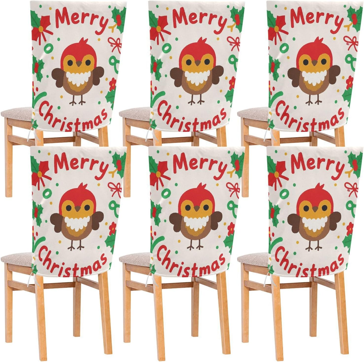 Merry Christmas Cartoon Bird Decorative Chair Slipcover Set for Hotel Washable Parson Chair Covers Covers para sillas de comedor Set of 6