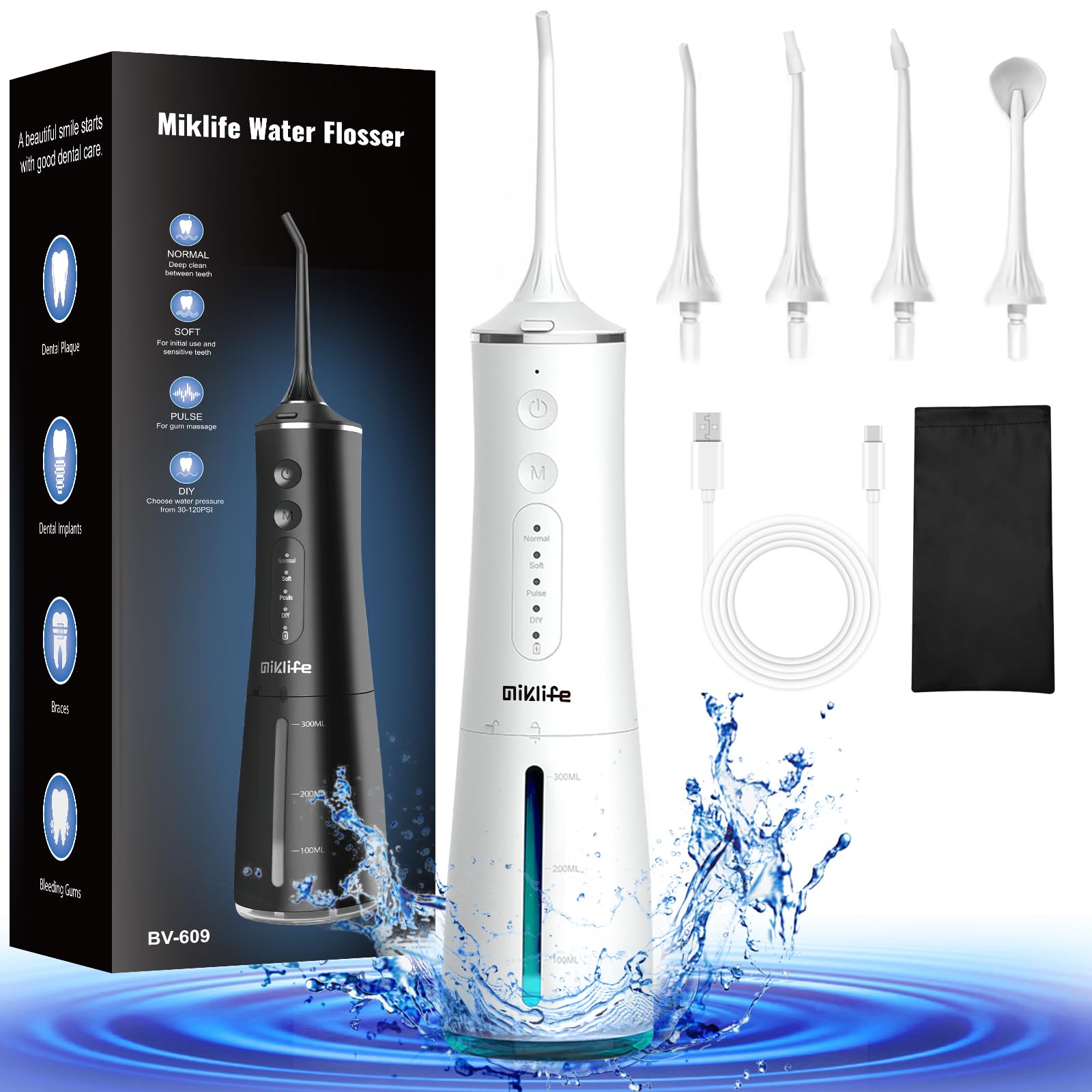 MIKLIFEWater flosser Cordless, Dental Flossers USB Rechargable Teeth Flosser, Professional Electric Portable Oral Irrigator with 3 Modes Black For Teeth Cleaning