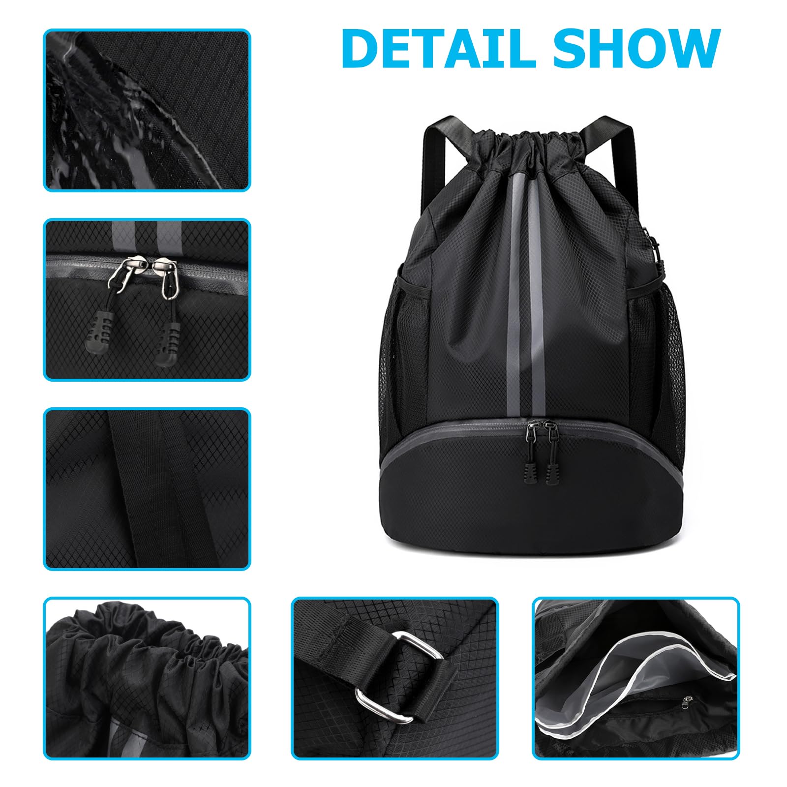 JAWAI Mochila Impermeable con Cordón, Ajustable Casual Saco Gimnasia, Impermeable Saco de Gimnasia con Bolsa Seca Húmeda Separada, para Acampar, Yoga, Fitness, Viajes, Montañismo (Negro)