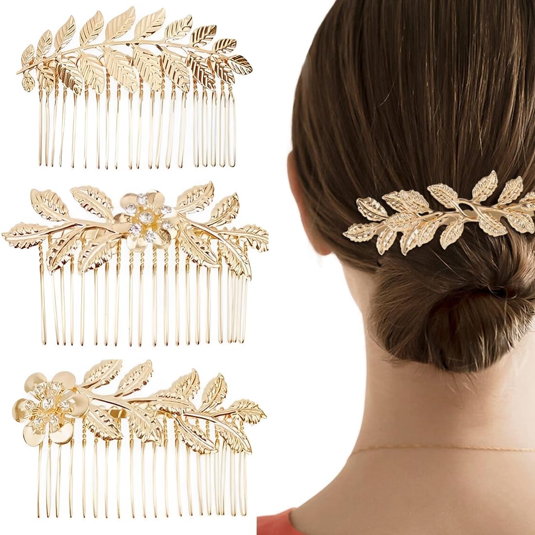 3 peinetas de metal vintage para el pelo, con hojas decorativas para novia, con trenza francesa dorada para mujer.