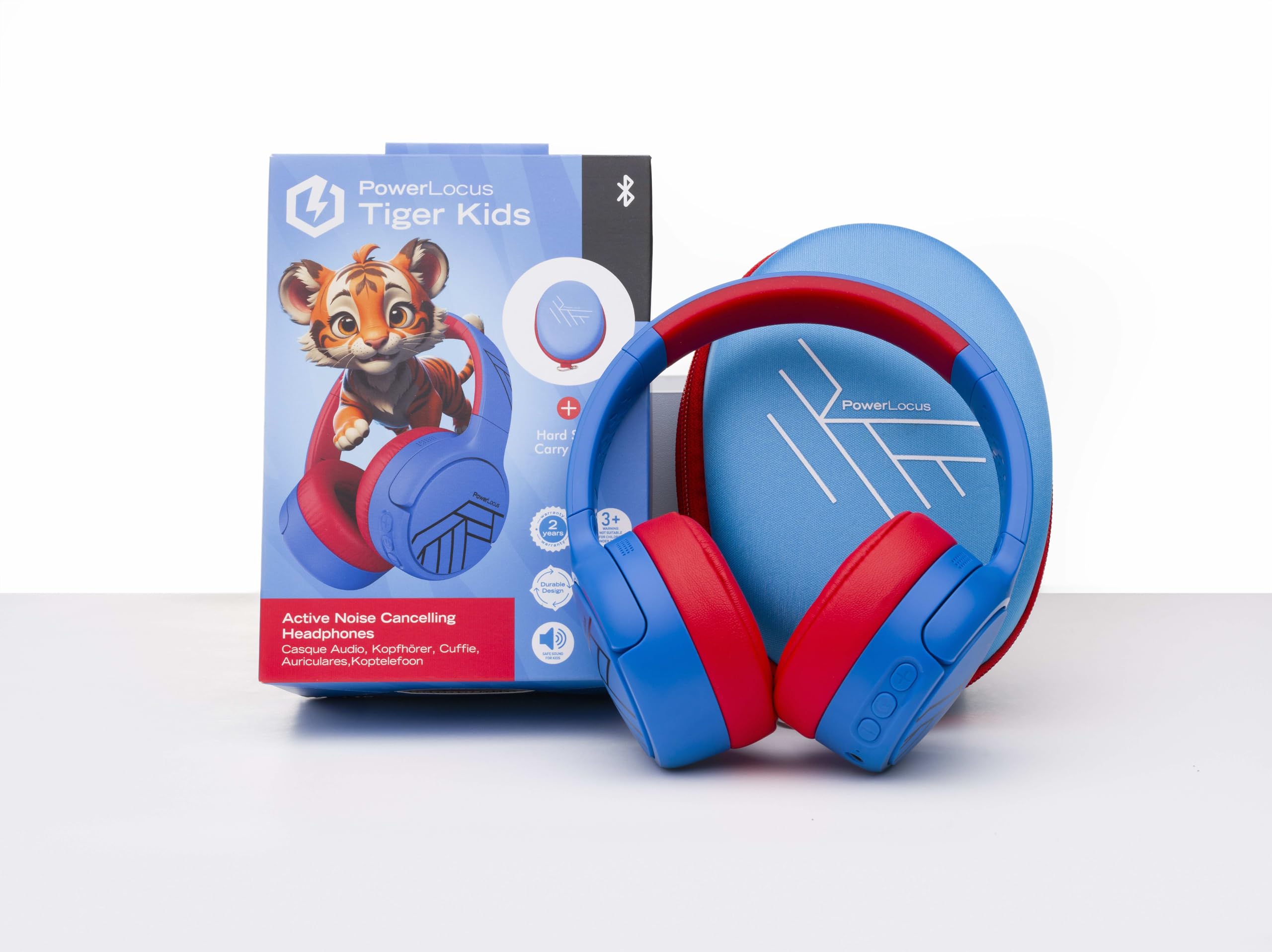 PowerLocus Cuffie Bluetooth per bambini, con cancellazione attiva del rumore, 74/85/94 dB, volume sicuro, pieghevole con tasca in tessuto, tempo di riproduzione 60 H con microfono e Aux per cellulare