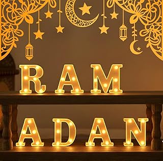 Lot de 7 lettres lumineuses LED pour le Ramadan - Alimentées par piles - Décoration de table du Ramadan pour la maison et ...