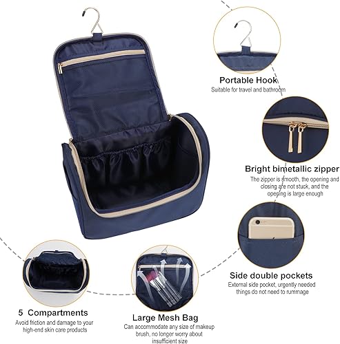 Miniatura 4 de CCidea Bolsa de maquillaje para mujer, bolsa de aseo de viaje grande mejorada para niñas, organizador de maquillaje reutilizable (azul marino)