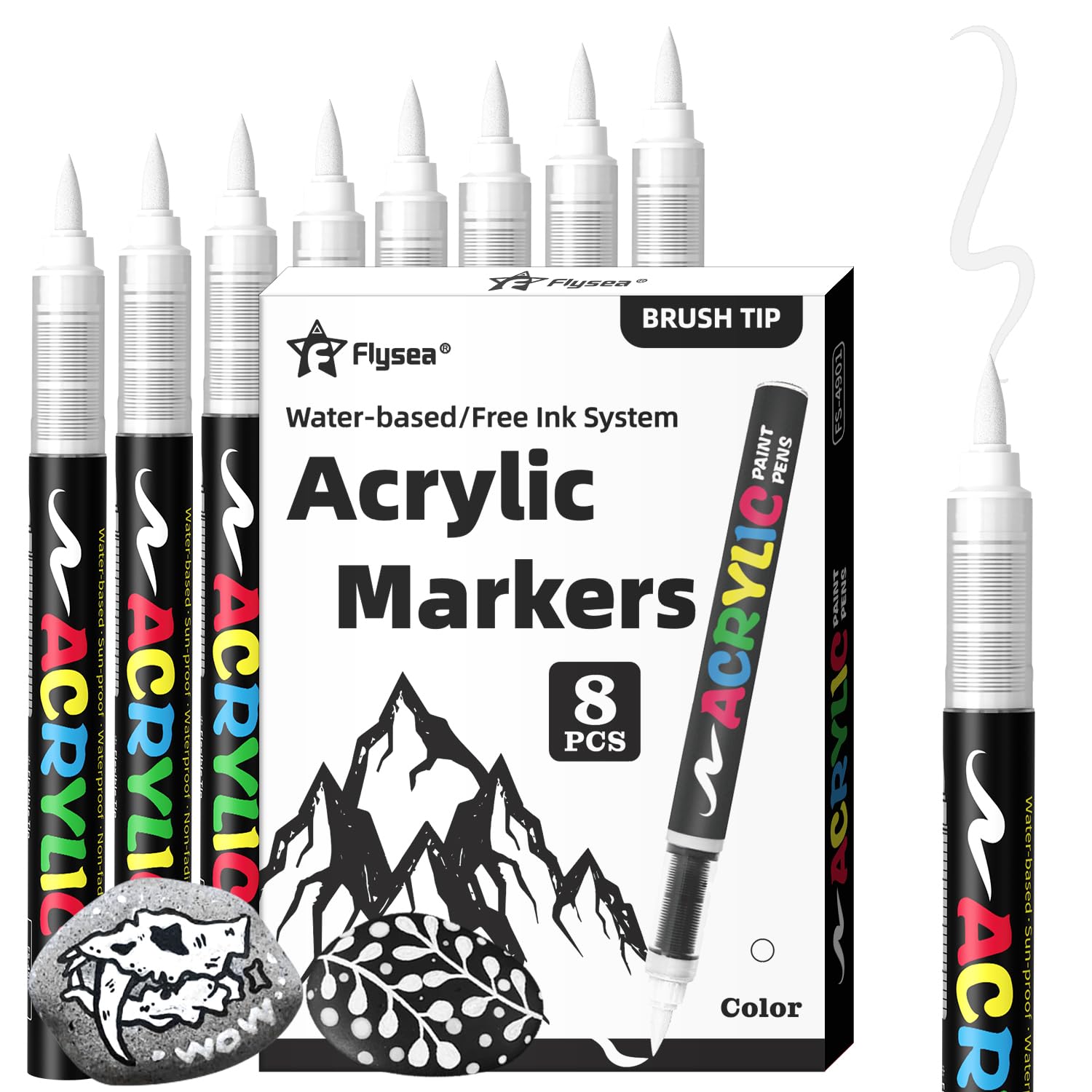 Alitastro Paint Pens Acrylic Markers - 8 White Brush Tip Water Based Marker Pens for Rock Painting, Wood, Ceramic, Glass, Acrylic Paint Markers for Egg Pumpkin