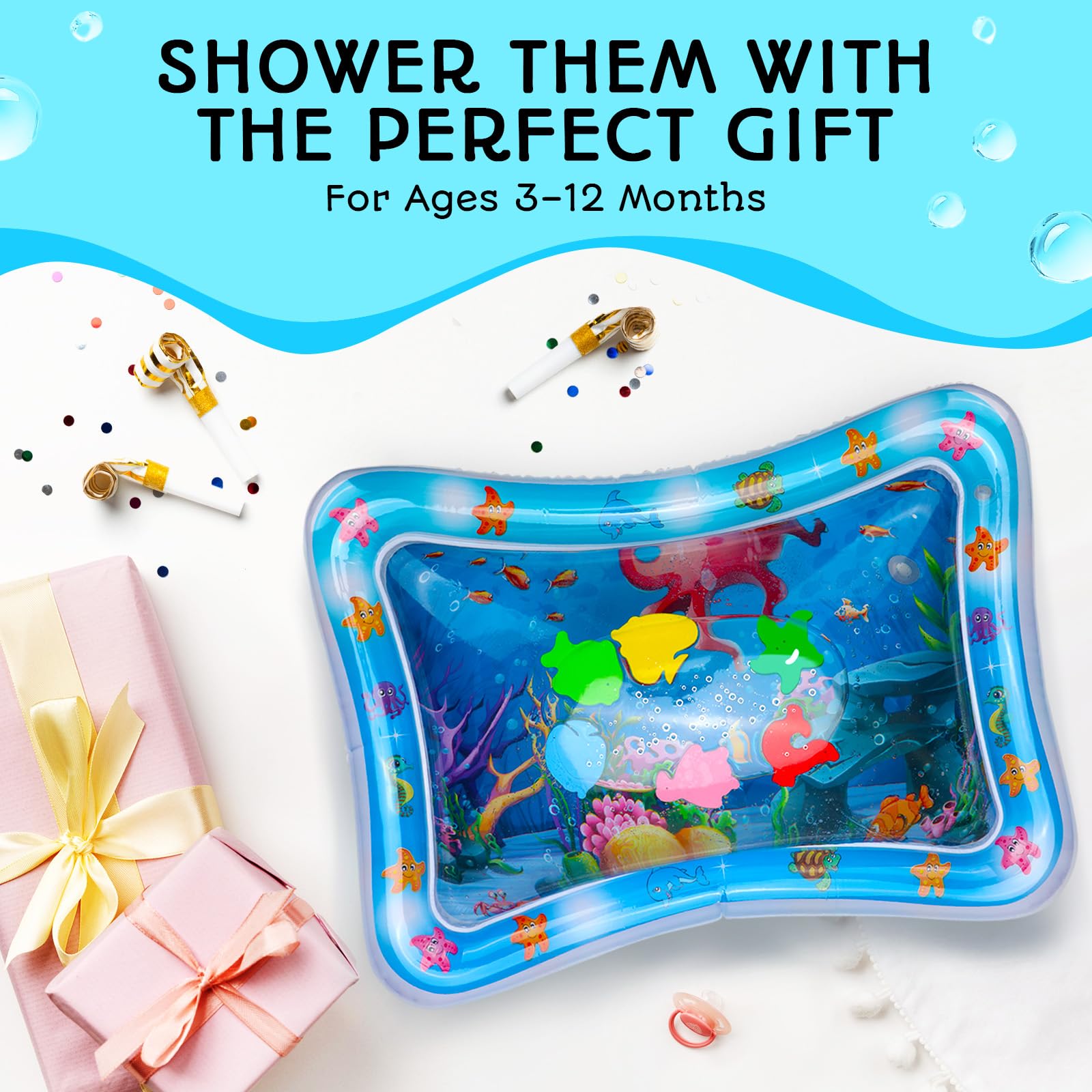 Tapis Eau Bebe Eveil - Tapis d'Éveil et de Jeux - Tapis Sensoriel Bébé Gonflable - Jeu Bébé - Tapis d’Eau Sensoriel Bébé - Jouet d’Eau Bébé 100% Sans BPA & Non Toxique - GEN2 - Bleu - Avec Maman