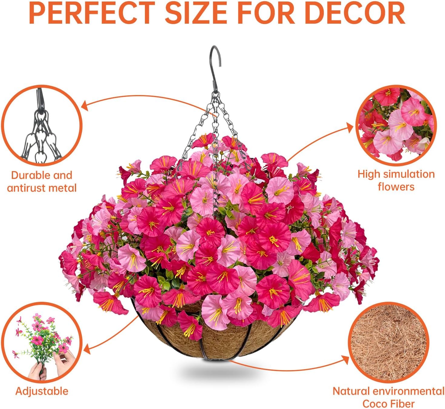 Florielle Artificial Hanging Faux Flowers Basket, Fake Silk Petunias Plants Arrangement, for Spring Summer Outdoor Decoration,UV Resistant, Morning Glorias, for Home Garden Decor (Hot Pink)
