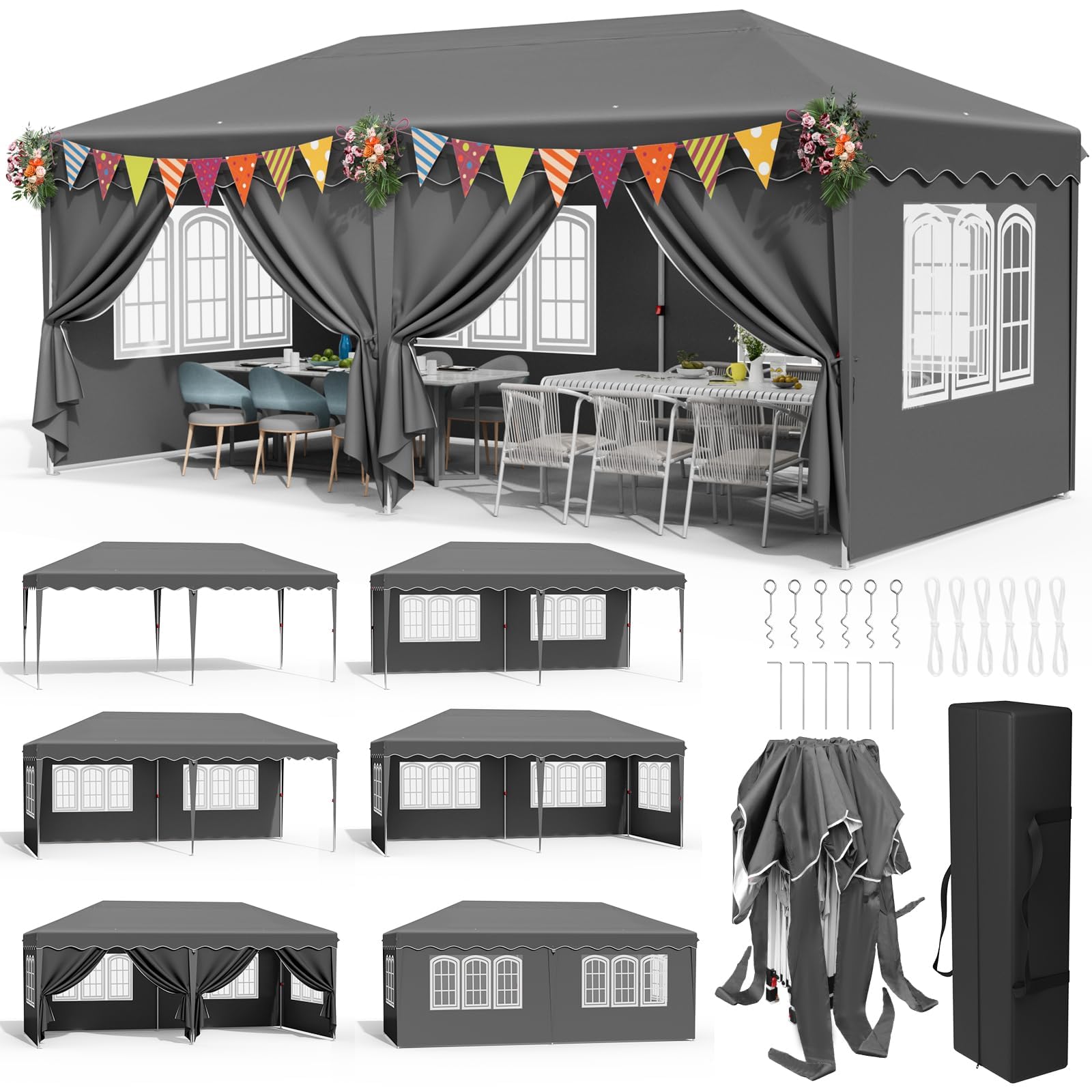 Pop up Gazebo 3x6m, Waterproof 420D Oxford Tent with 6 Removable Sidewalls & Windows, Adjustable Height (250-270cm), UV 50+ Protection, Sturdy Steel Frame for Garden, Parties, Markets