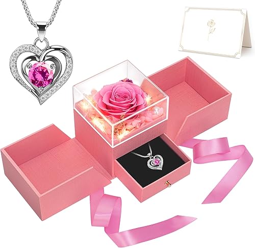 GMAOPHY Rosa real preservada con collar para esposa, regalo de flores para el día de la madre, para mamá, abuela, mujer, flores eternas rosas,