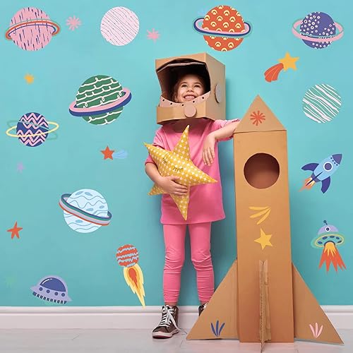 Miniatura 5 de Calcomanías de pared del sistema solar para niños, calcomanías de pared coloridas del sistema solar para despegar y pegar para habitación de niños,