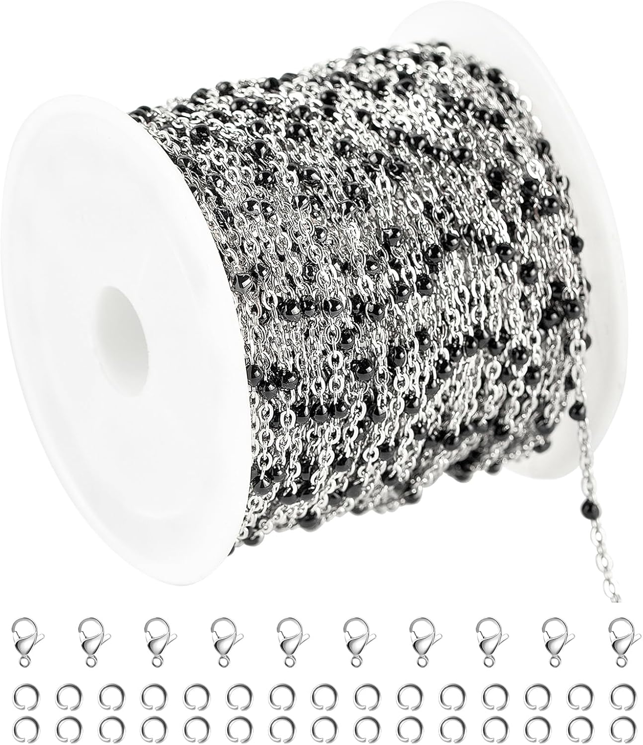 UMAOKANG 10 Meters Stainless Steel Jewelry Chain for Jewelry Making Black Enamel Bead Cable Chain Roll with Open Jump Rings and Lobster Clasps