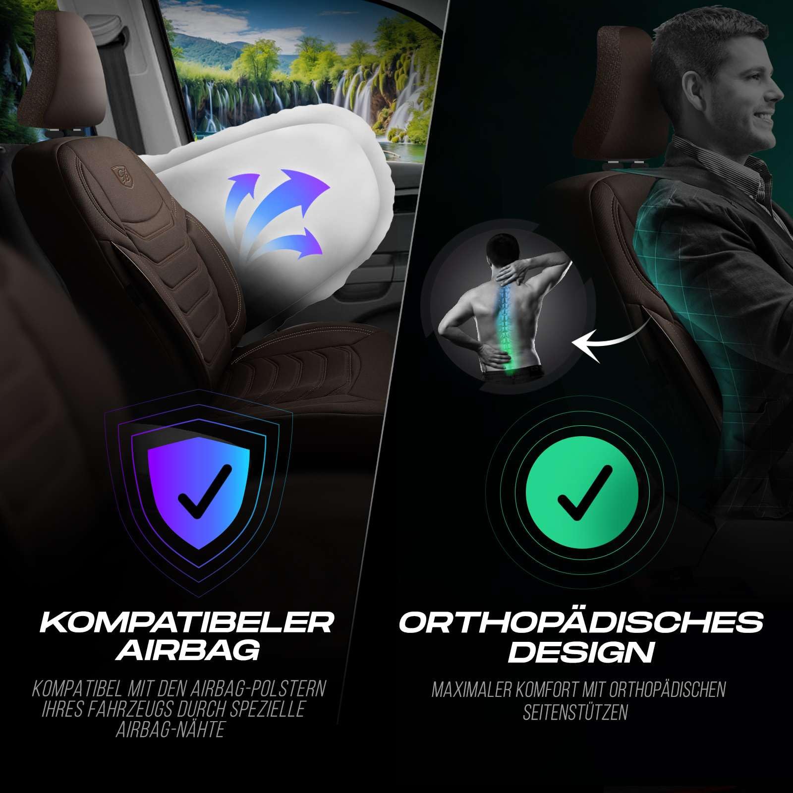 Housses de siège universelles pour voiture et SUV - Housses de siège avant de qualité supérieure en tissu Lacoste - Marron - Compatible avec airbag - Kit de montage inclus