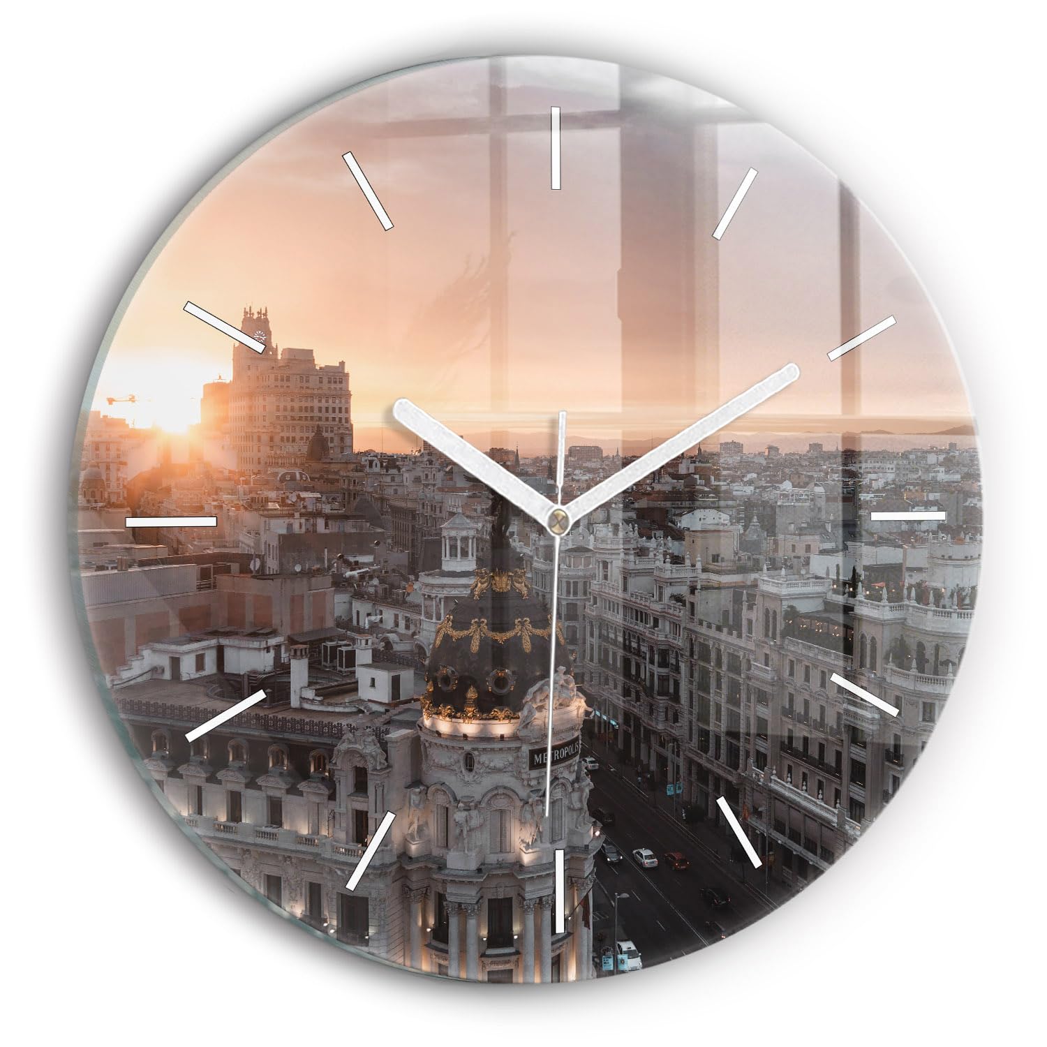 Horloge en verre 30 cm Wallfluent au coucher du soleil pour une décoration murale moderne