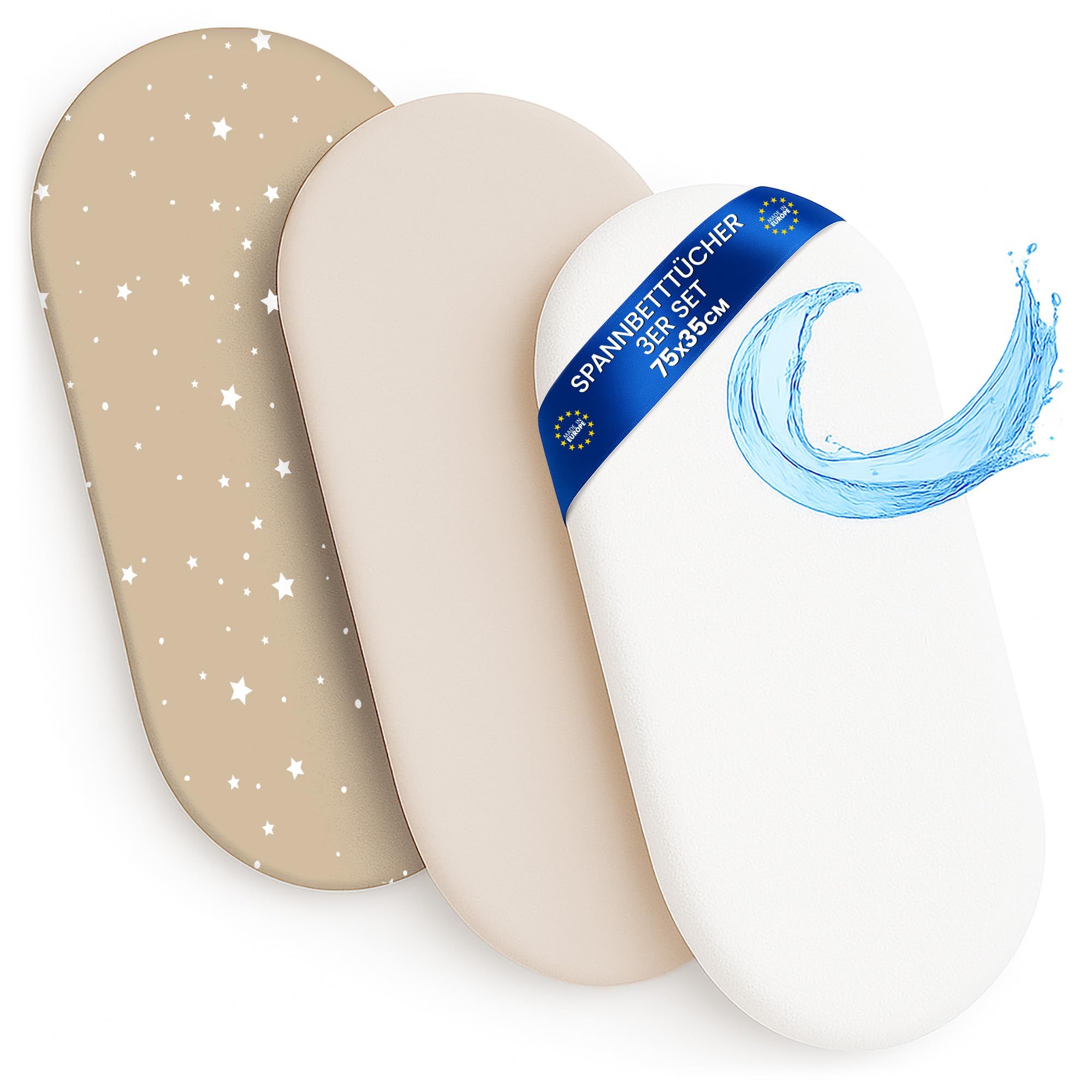 Lenzuola con angoli per passeggino: Set di 3: 75 x 35 cm - 2 lenzuola + 1 coprimaterasso impermeabile - Accessori per lettino per culla co-sleeping carrozzina Beige con stelle bianche