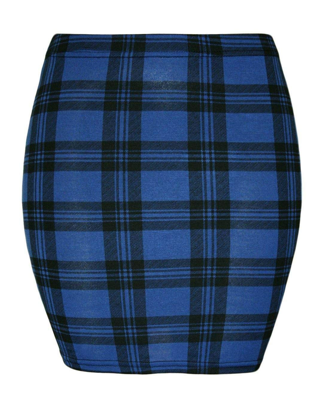 Womens Basic Casual Mini Skirt Ladies Simple Stretchy Printed Bodycon Mini Skirt (Blue Tartan UK 8-10)