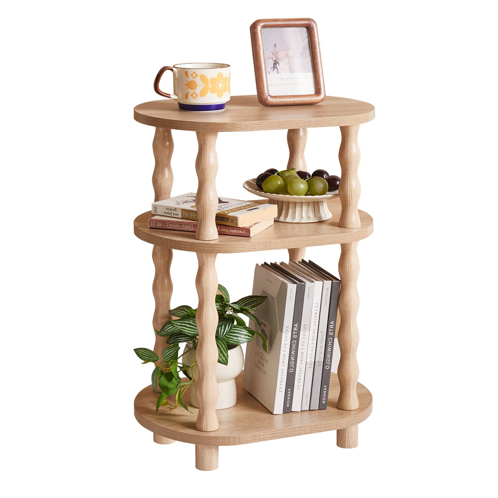 Aibiju Mesa Auxiliar de 3 Niveles con Patas de Madera Maciza, Pequeña Mesa Auxiliar Ovalada, Mesita de Noche con Estante para Dormitorio, Sala de Estar y Pasillo, Roble YD-ST004R