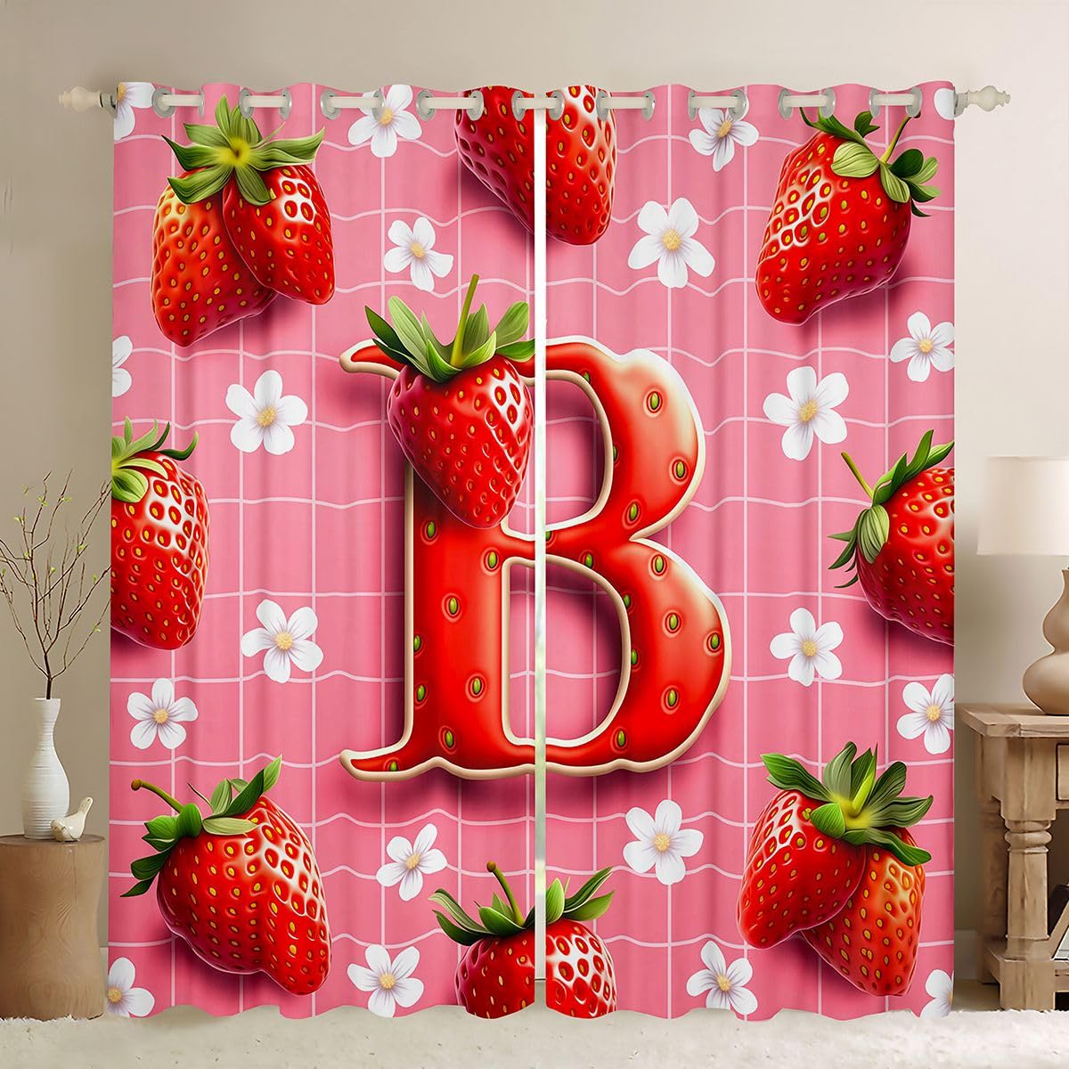 Homemissing Trattamenti per finestre con fragole 3D, 2 pannelli L 132 x L 90 tende oscuranti fragole rosse personalizzate lettera B decorazione della stanza tende floreali carine per camera da letto
