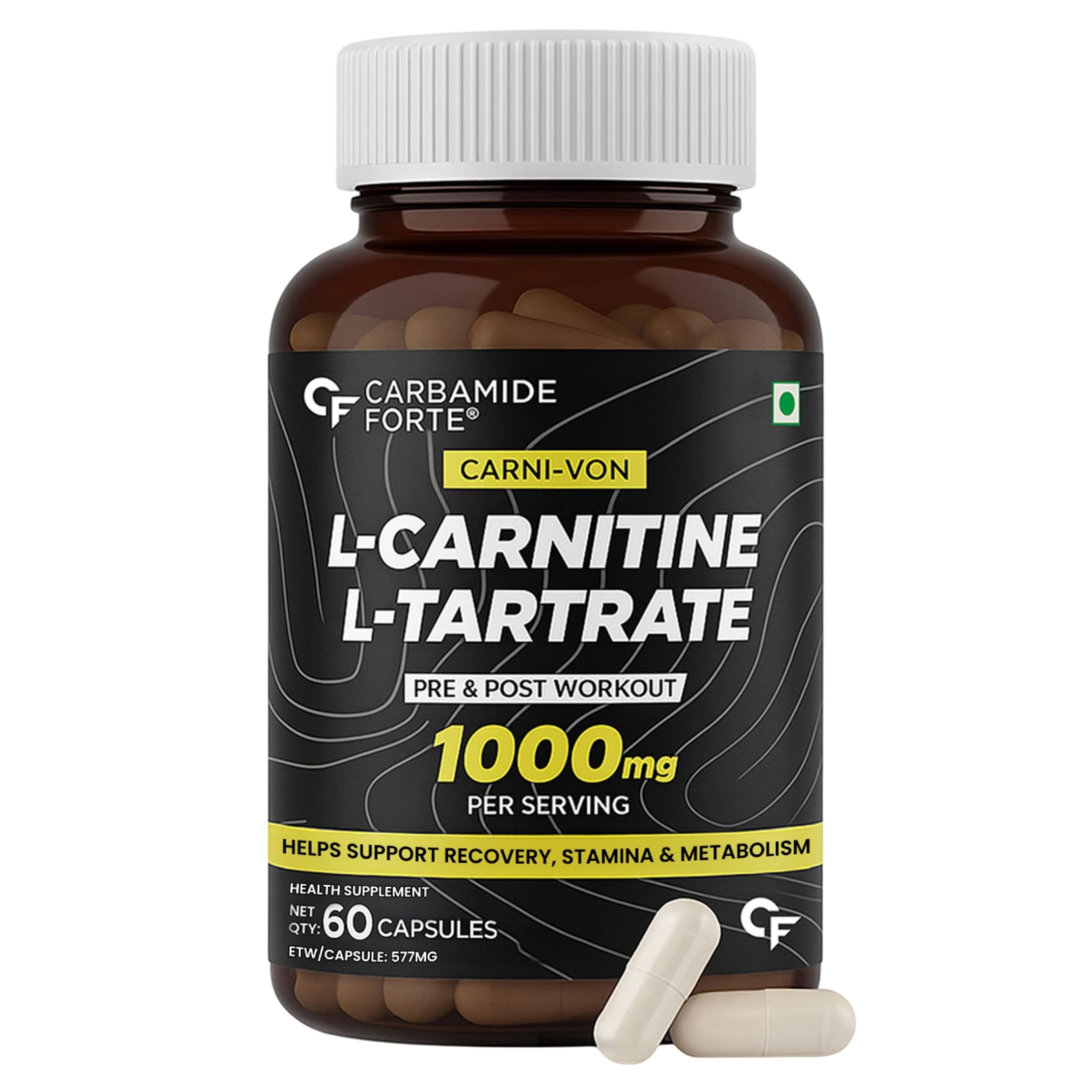Carbamide ForteL-Carnitine 1000mg Capsules for Men & Women | L Carnitine Tartrate capsules | Pre Workout Supplement - 60 Veg Capsules