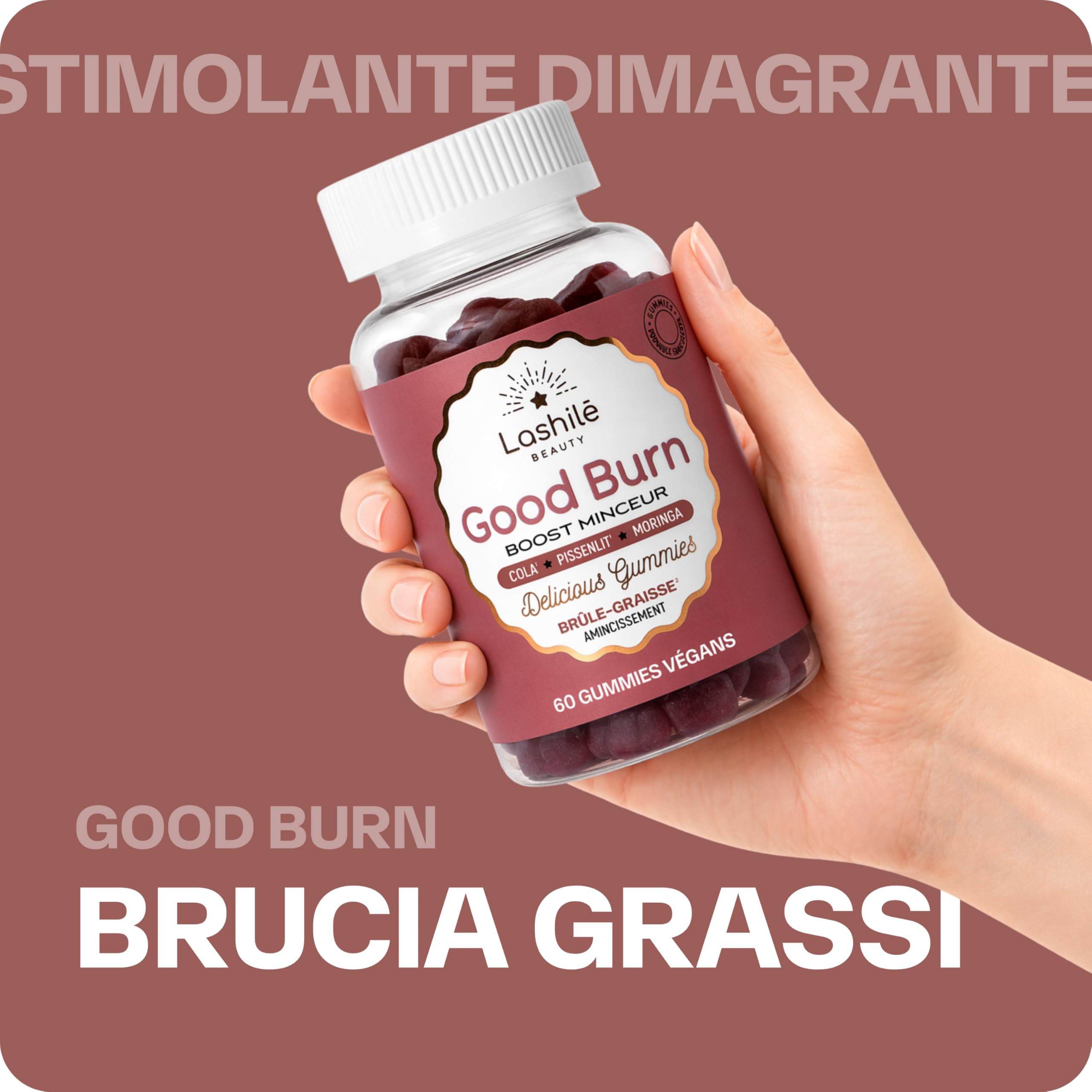 Lashilé Beauty Good Burn – Gummies Dimagranti Bruciagrassi – Cola, Tarassaco, Moringa, Vit C, Zinco – Vegan Senza Zuccheri – 3 Mesi - 180 Gummies