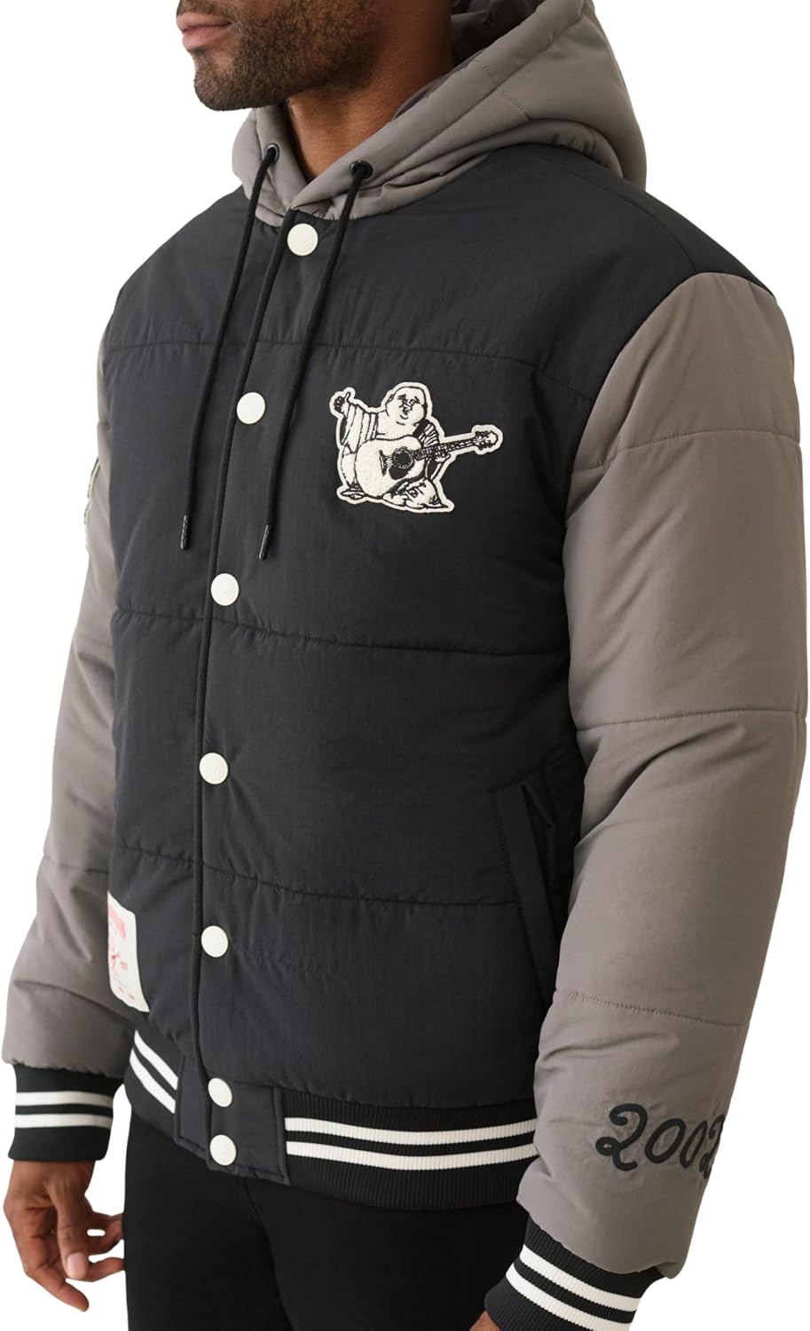 True Religion Varsity Hooded Puffer Jacket for Men – Warm Lightweight Winter Outerwear with Logo Patches