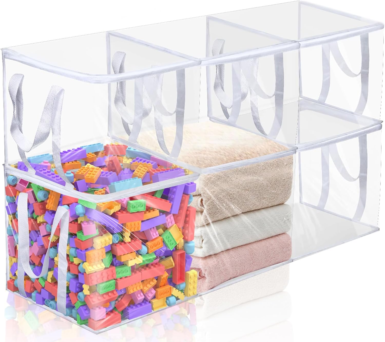 Wholelovein 6 PCS Clear Plastic Organizers 12''x12''x12'' Blanket Storage Bags with Zipper Storage Cube Tote with Reinforced Handles for Clothes Moving Supplies Linens Shoes Closet Toys Organizers