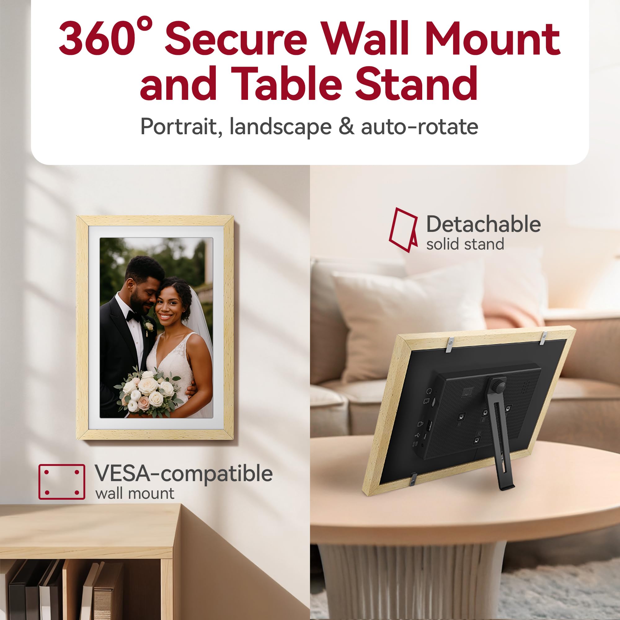 XORO Cornice digitale WiFi da 11 pollici, 1920 x 1080 Full HD 1080P IPS Touch Display 32 GB di memoria, rotazione automatica, legno di faggio, condividi foto istantaneamente da qualsiasi luogo