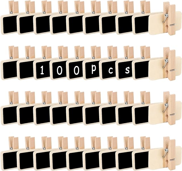 100 Pieces Mini Blackboard, Mini Chalkboard Signs Rectangle Message Blackboard Reusable Mini Wooden Blackboard with Clips for Memo Food Label Wedding Party Decoration (4x2cm)