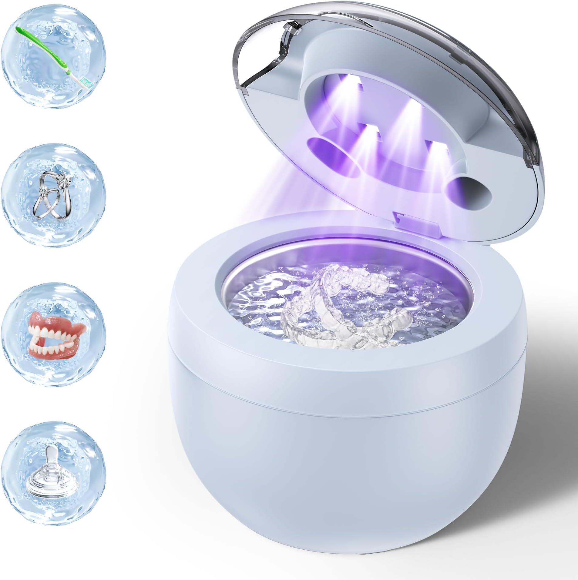 Ultrasonic Retainer Cleaner, Retainer Cleaner Machine for Dentures, Mouth Guards, Braces, Toothbrush Heads, Jewelry with 200ML Capacity, 45kHz Retainer Cleaning, 4 Modes for Appliances (Light Blue)