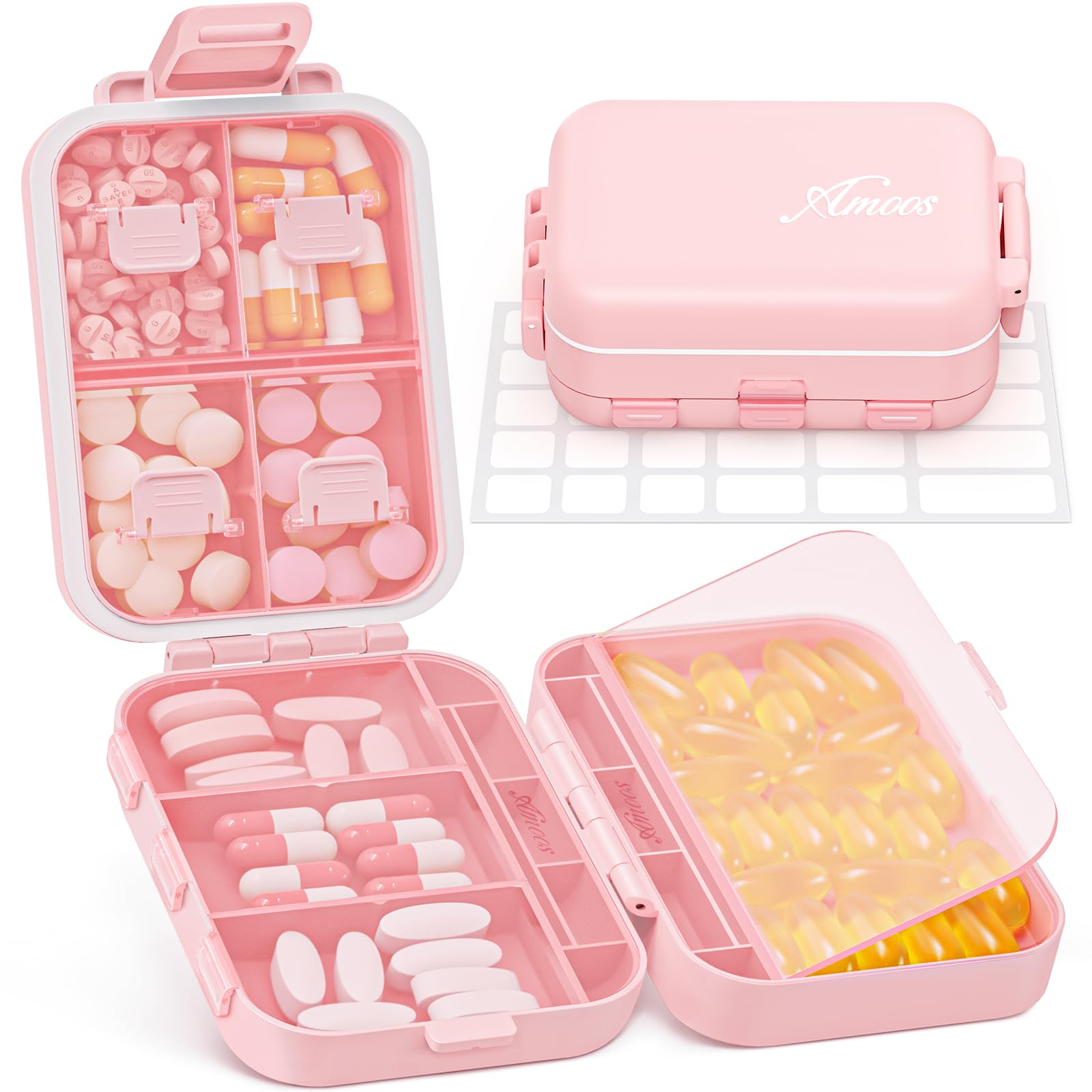 AMOOS Compact 3-Layer Travel Pill Organizer Cute Pill Box Case with Pull-Tab Design for Easy Opening Medication Organizer