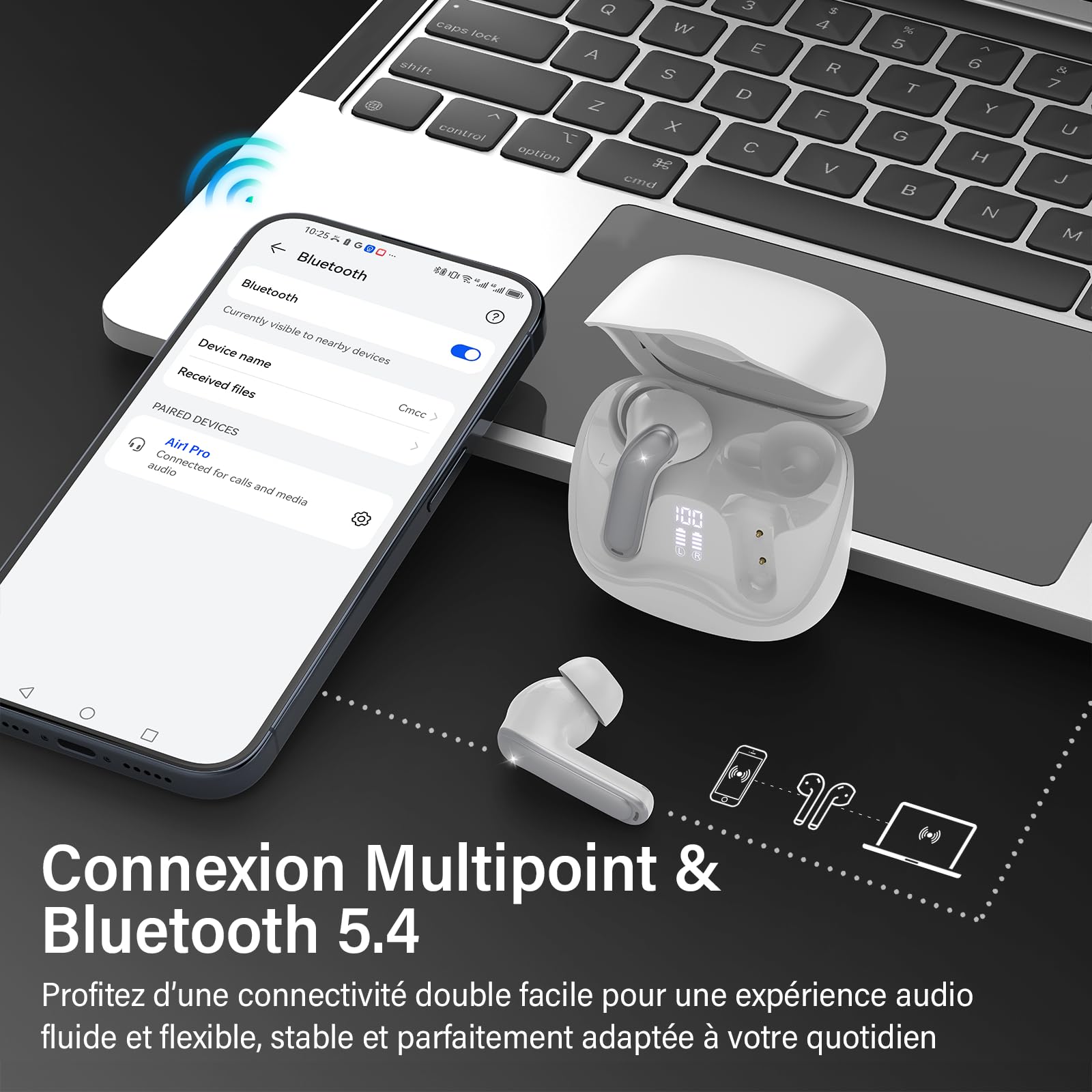 Écouteurs sans Fil à Réducteur de Bruit Hybride, Bluetooth 5.4, Hi-Res Audio Stéréo, 6 Microphones, 49H Autonomie, Charge sans Fil