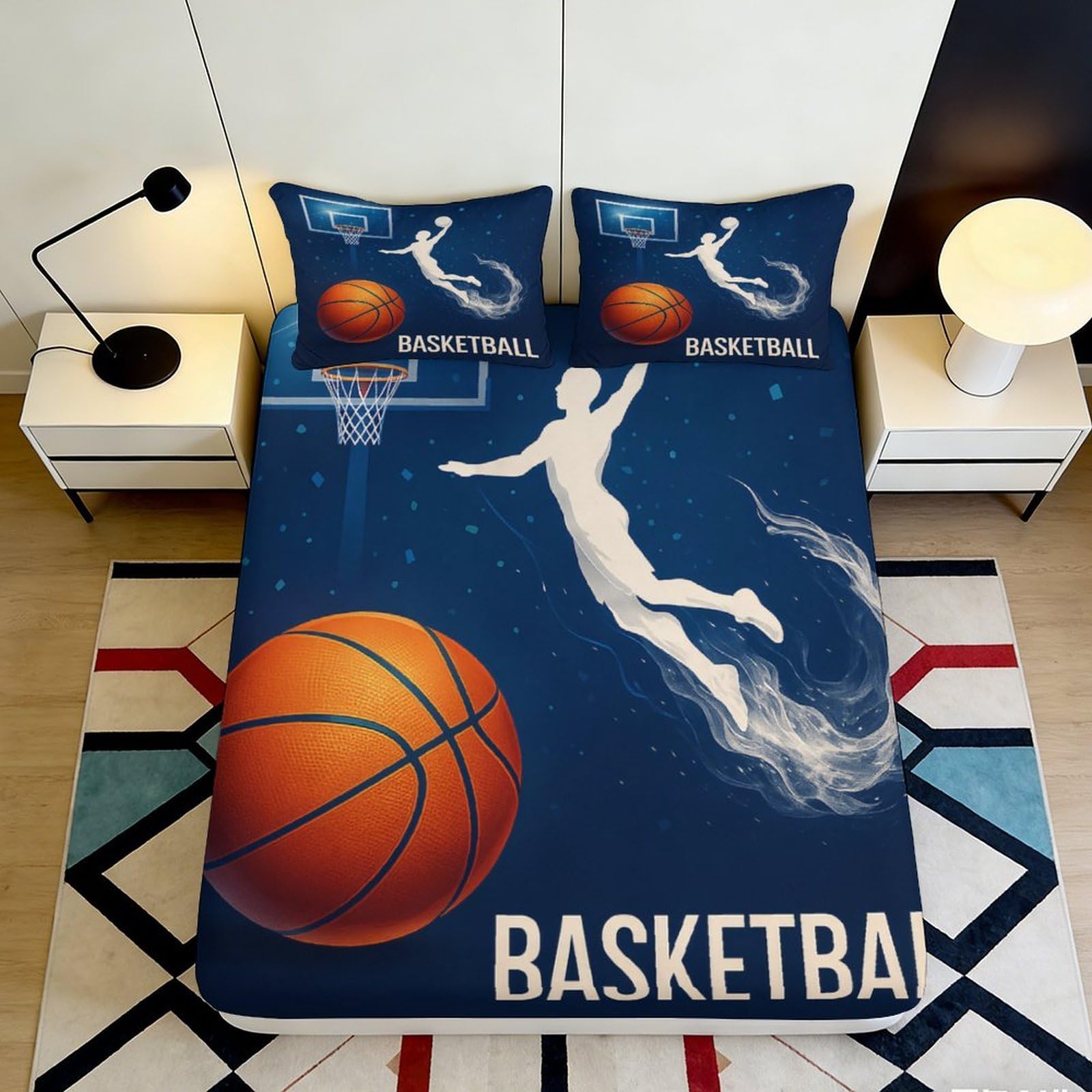 3D Printed Basketball Court Fitted Sheet Microfiber Anti-Slip Sports Athlete Bed Cover for Bedroom Dorm Decor Easy Care 90x200x25cm