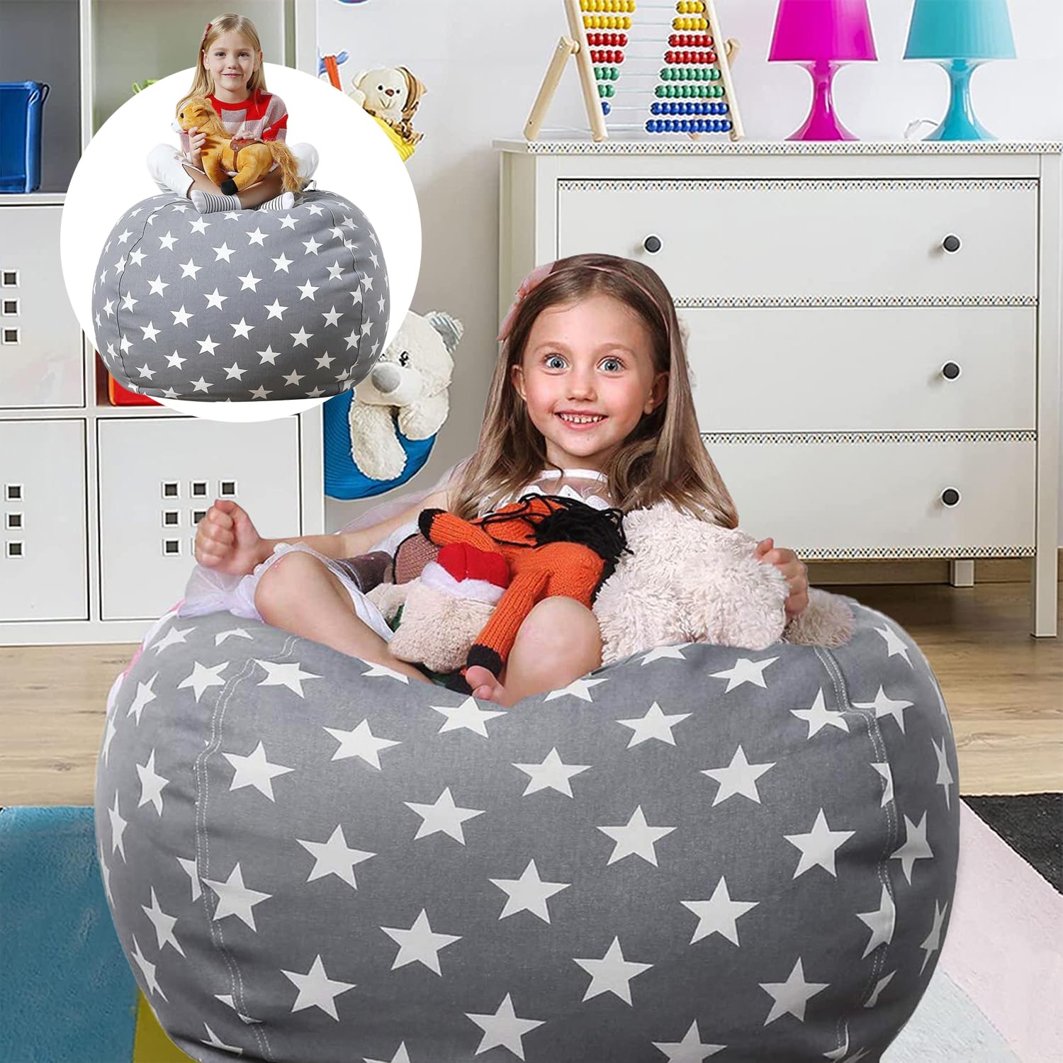 Bolsa Almacenamiento Juguetes Felpa, Lona Bolsa De Frijoles Rellenable, Puffs Plegable para Niños, Grande Bolsa Puff para Guardar para Organizar Juguetes, Ropa (Estrellas Grises, 22 Pulgadas)