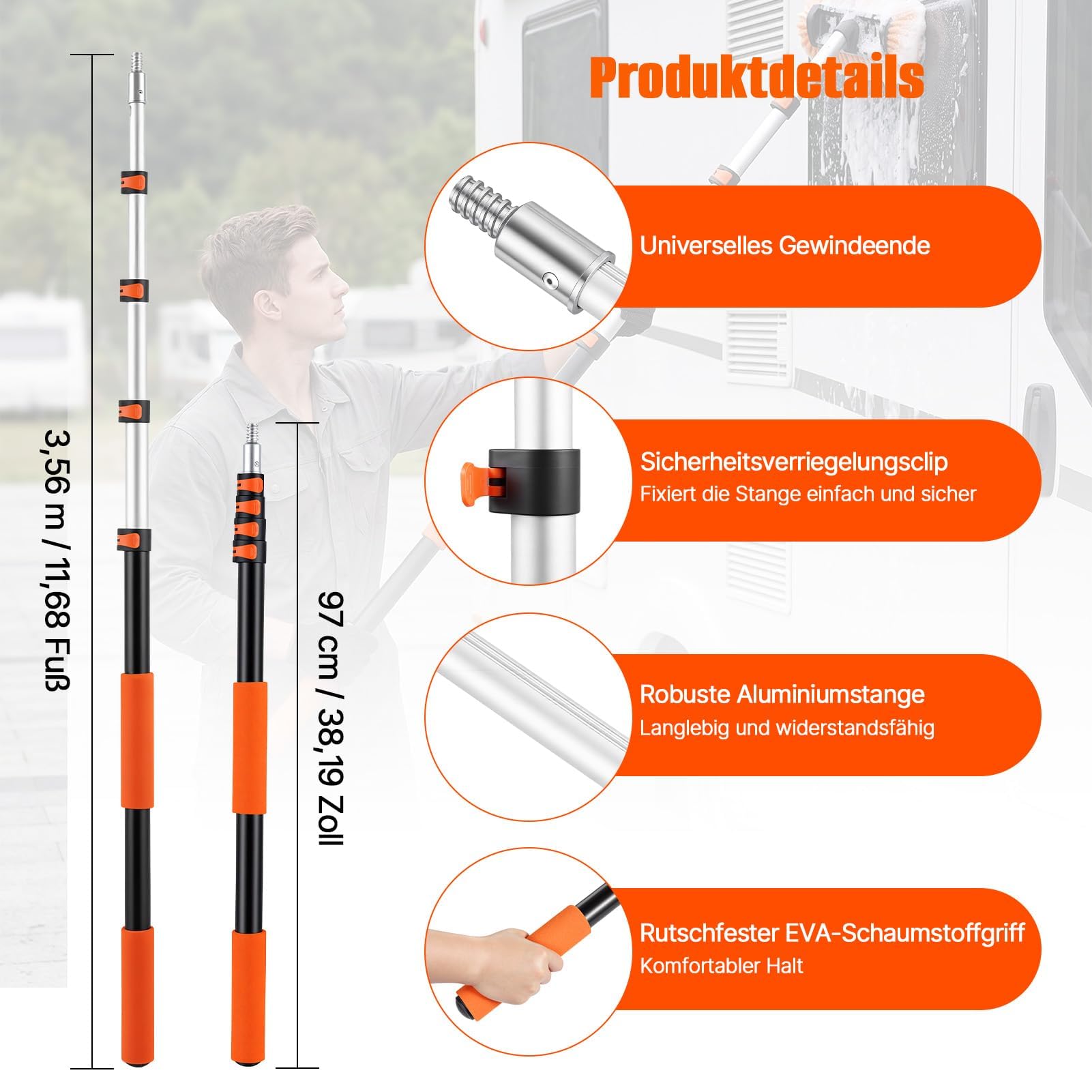 Autowaschbürste mit Teleskopstiel–3,6 m Alu-Teleskopropeller,Multifunktions