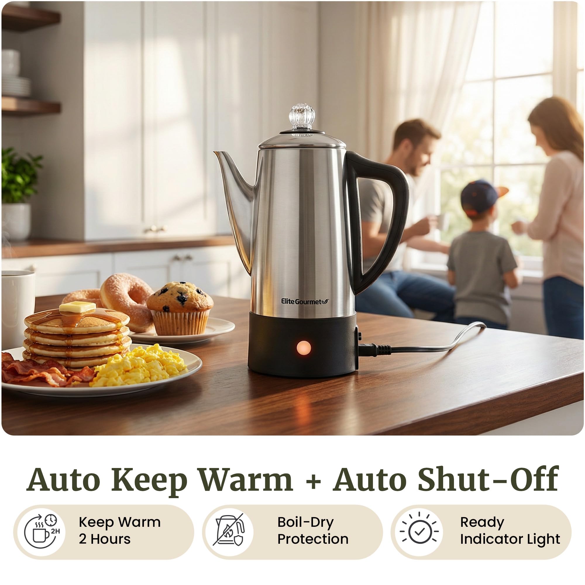 Elite Gourmet EC140 - Percolatore elettrico per caffè da 6 tazze con manopola per mantenere il caldo, manopola di avanzamento della birra trasparente, maniglia Cool-Touch, servizio senza cavo, in