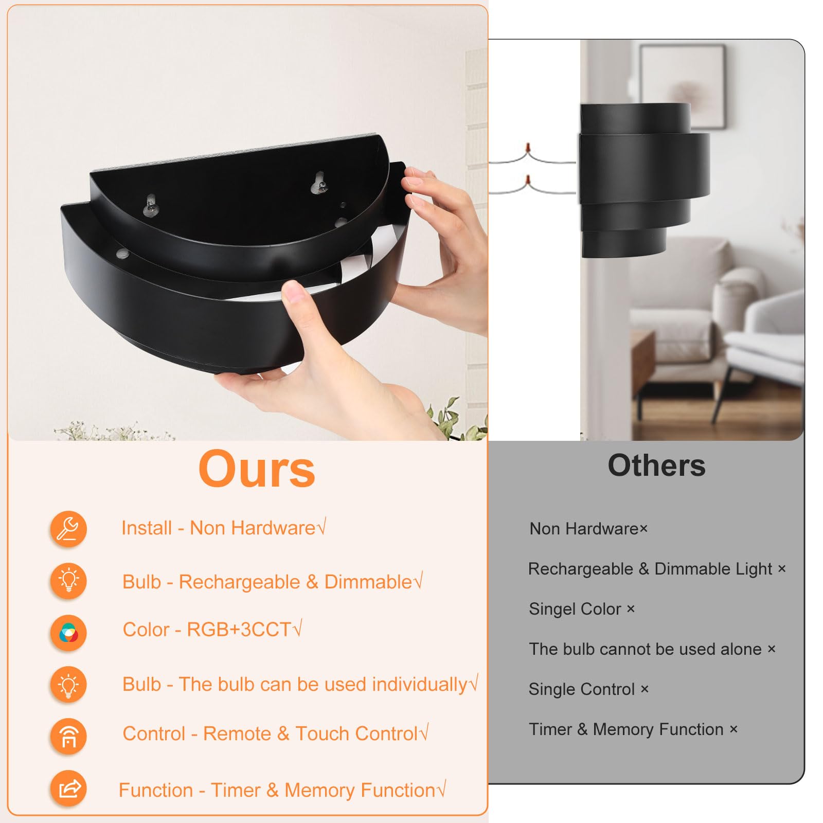 Lampop Wandlamp voor binnen, zonder stroomaansluiting, USB-C oplaadbaar, touch-control en afstandsbediening, 12 RGB en 3 lichtsterktes, magnetische draadloze wandlamp voor slaapkamer en woonkamer, wit