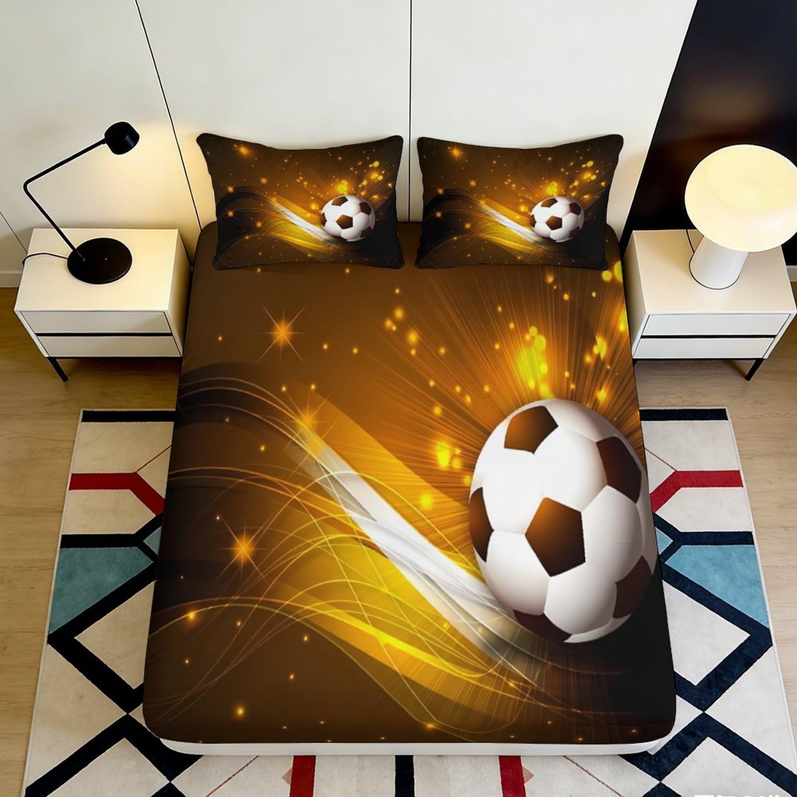 3D Printed Football Glow Fitted Sheet Microfiber Soft Breathable Soccer Stadium Mattress Cover for Bedroom Dorm Decor 90x200x25cm