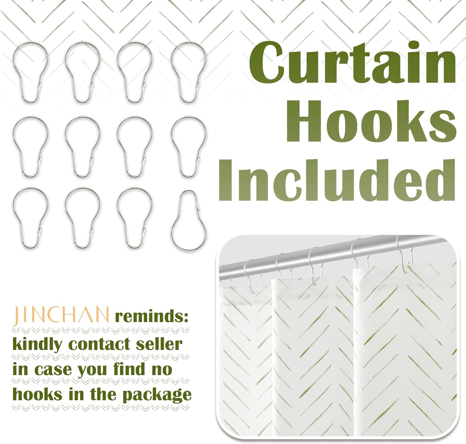 jinchan Green and White Shower Curtain Inky Herringbone Chevron Zig Zag Waterproof Fabric Modern Farmhouse Shower Curtains for Bathroom with 12 Hooks 70x72 Inches