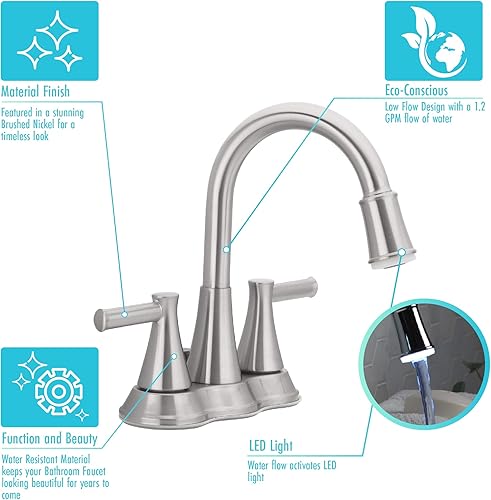 Miniatura 6 de Aqua Vista 22-B42CPL-BN-AV - Grifo para lavabo de baño, dos manijas con luz LED, níquel cepillado cepillado níquel,Cromo pulido